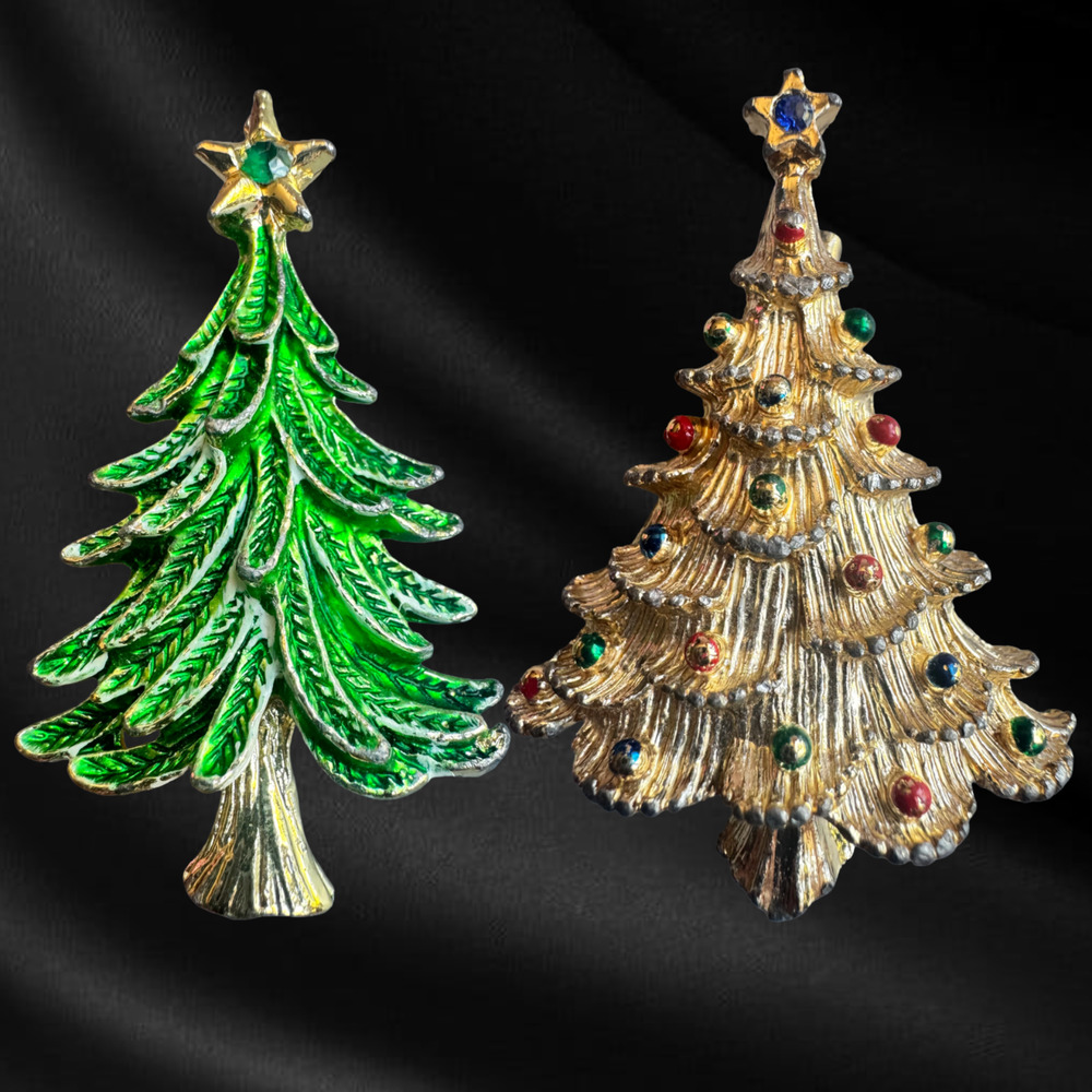 Vintage Gerry's Christmas Tree Pin Brooch - Lot of 2 - Gold Tone Green Enamel